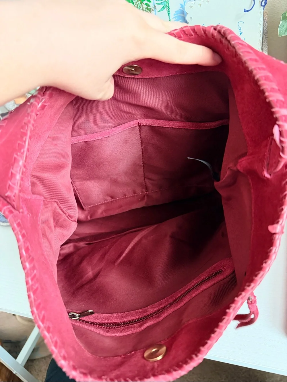 TJ Max Burgundy Suede Shoulder Tote Bag